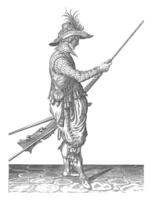 soldat pousser poudre et balle avec le sien baguette, ancien illustration. photo