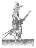 soldat en portant le sien mousquet par le sien la gauche cuisse avec tous les deux mains, ancien illustration. photo