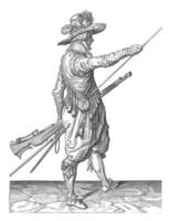 soldat avec une mousquet pousser le sien droite main à le fin de le sien baguette, ancien illustration. photo