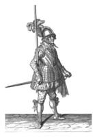 soldat en portant le sien brochette droit dans le bol de le sien droite bras, ancien illustration. photo
