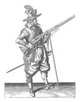 soldat sur garde en portant le sien mousquet à un angle droite côté, ancien illustration. photo