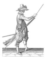 soldat glissement le sien baguette dans le titulaire en dessous de le baril, ancien illustration. photo