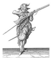 soldat soufflant le sien fusible nettoyer tandis que couvrant le la poêle de le sien mousquet, ancien illustration. photo