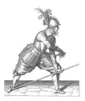 soldat placement le sien brochette contre le sien droite pied, ancien illustration. photo