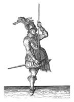 soldat en portant le sien brochette droit dans de face de lui haute au dessus le sol, ancien illustration. photo