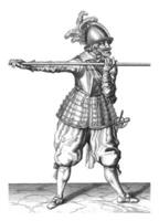 soldat porter le sien brochette horizontalement à épaule la taille avec tous les deux mains, ancien illustration. photo