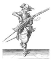 soldat verser poudre à canon dans le la poêle de le sien mousquet, ancien illustration. photo