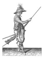soldat pousser poudre et balle dans le baril de le sien mousquet, ancien illustration. photo