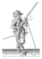 Gardien soldat en portant le sien mousquet avec le sien droite main pointu, ancien illustration. photo