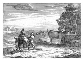 paysage avec une femme arrosage une vache photo