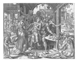 le prodigue fils gaspille le sien héritage, philips Galle, après Martin van heemskerck, c. 1596 - c. 1633 photo