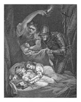 homme dans armure et femme avec lampe avec deux en train de dormir enfants, philippe velijn, 1821 photo