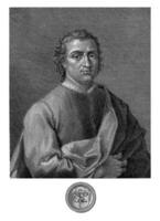portrait de poète Ugolin di vieri, gaetano les vascellins, après inconnu, 1755 - 1805 au dessous de le portrait une texte dans italien et une manteau de bras dans une circulaire Cadre. photo