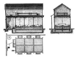 plan, section et élévation de un électrique eau de Javel usine, ancien gravure. photo
