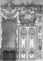 cheminée surmonté par une miroir et porte décoration Louis cinq, ancien gravure. photo
