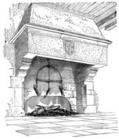 cuisine cheminée une abbaye blanche mortain, ancien gravure. photo