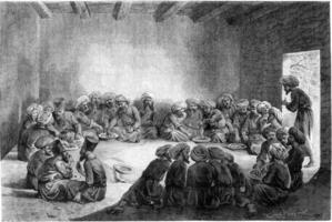 une repas à le Turkmènes, ancien gravure. photo