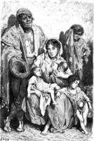 une famille de mendiants dans jaen, ancien gravure. photo