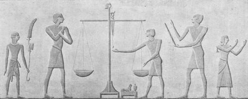 Balance représentée sur un égyptien bas-relief, ancien gravure. photo