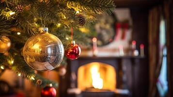 ai généré Noël arbre décorations pour le Anglais pays chalet, Accueil décor, maison dans le campagne et vacances fête photo