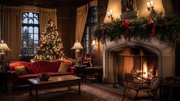 ai généré Noël à le manoir, Anglais campagne décoration et intérieur décor photo