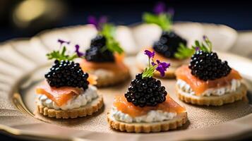 ai généré nourriture, hospitalité et pièce service, entrée apéritifs avec caviar comme exquis cuisine dans Hôtel restaurant une la carte menu, culinaire art et bien à manger photo