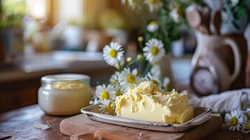 ai généré crémeux fait maison beurre dans bol, traditionnel nourriture et pays la vie photo