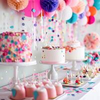 ai généré anniversaire paysage de table ou bonbons bar avec bonbons, anniversaire gâteau et petits gâteaux, magnifique fête fête photo