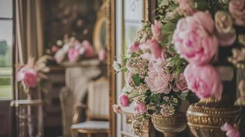 ai généré mariage décoration avec pivoines, floral décor et un événement fête, pivoine fleurs et mariage la cérémonie dans le jardin, Anglais pays style photo