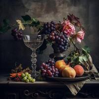 ai généré classique encore la vie avec des fruits et du vin photo