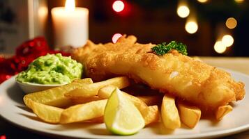 ai généré poisson et frites pour hiver vacances dîner, traditionnel Britanique cuisine recette dans Anglais pays maison, vacances fête et fait maison nourriture photo