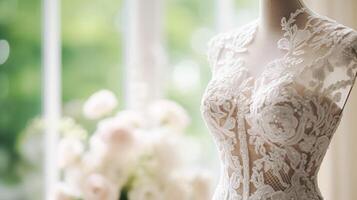 ai généré mariage des arbres, de mariée robe style et sur mesure mode, blanc adapté Balle robe dans salle d'exposition, tailleur raccord, beauté et mariage photo