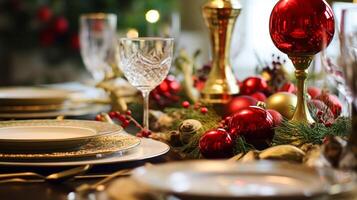 ai généré Noël table décor, vacances paysage de table et dîner table paramètre, formel un événement décoration pour Nouveau année, famille fête, Anglais pays et Accueil coiffant photo