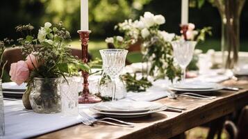 ai généré table décor, vacances paysage de table et dîner table réglage dans campagne jardin, formel un événement décoration pour mariage, famille fête, Anglais pays et Accueil coiffant photo