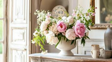 ai généré printemps fleurs dans ancien vase, magnifique floral arrangement, Accueil décor, mariage et fleuriste conception photo