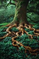 ai généré arbre les racines entrelacer, symbolisant force et la stabilité contre une sombre, de mauvaise humeur forêt toile de fond. photo