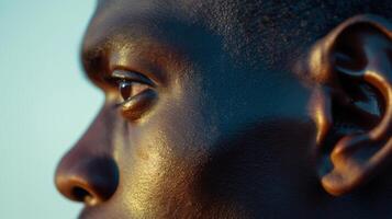 ai généré fermer portrait de une Jeune africain américain homme. profil de noir homme, concentrer sur yeux et oreille. photo