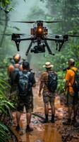 ai généré forêt tropicale préservation équipe en utilisant drones à moniteur la déforestation, combiner La technologie et préservation efforts. photo