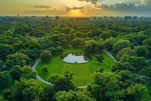 ai généré un aérien la perspective mettant en valeur le valeur de Urbain sylviculture et vert les espaces avec une alentours vert ceinture. photo