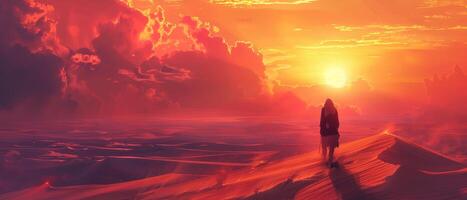 ai généré aventurier jouit désert safari pendant une spectaculaire le coucher du soleil plus de dunes photo