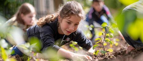 ai généré écoliers apprendre climat action via arbre plantation, Extérieur éducation, vibrant jardin sur une ensoleillé journée. photo