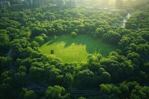 ai généré un aérien vue vitrines le importance de Urbain sylviculture, mise en évidence vert les espaces autour le ville. photo