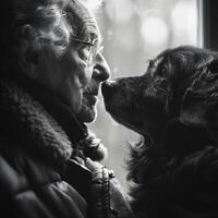 ai généré une contemplatif moment entre une animal de compagnie propriétaire et leur vieillissement compagnon, reflétant leur profond lier. photo