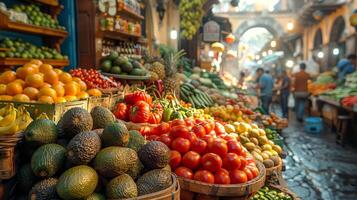 ai généré une vibrant mexicain marché scène, stalles débordé avec Frais produire pour cinco de mayo fêtes, comprenant avocats, tomates, et citrons verts, au milieu de une animé foule. photo