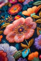 ai généré artisanat une détaillé floral broderie avec vibrant fils sur toile, en haut proche et complexe conception photo