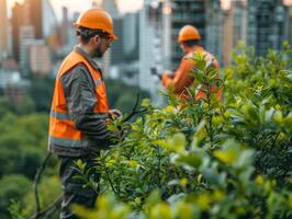 ai généré Urbain sylviculture équipe inspecter arbre santé, professionnel arbre se soucier dans action, ville arrière-plan, promouvoir Urbain verdure entretien. photo