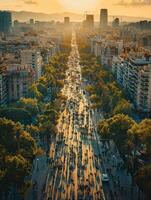 ai généré aérien coup de une sans voiture ville jour, avec des rues rempli avec piétons et les cyclistes, promouvoir vert transport et nettoyer air. photo