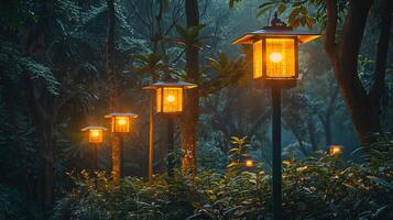 ai généré énergie solaire parc lumières vitrine renouvelable Ressources pour respectueux de la nature ville croissance. photo