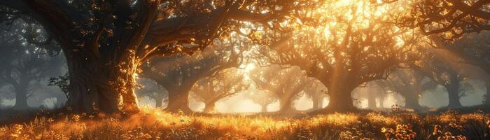 ai généré ancien des arbres à lever du soleil souligner forêt préservation avec serein, majestueux, d'or lumière filtration à travers. photo