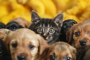 ai généré félin à l'abri, chat déguisé comme chien parmi chiots, avril imbécile humour photo